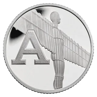The Angel of the North sculpture with its ribbed wings spread behind a large capital letter A