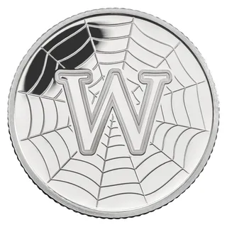 A large capital letter W set over the threads of a spider's web